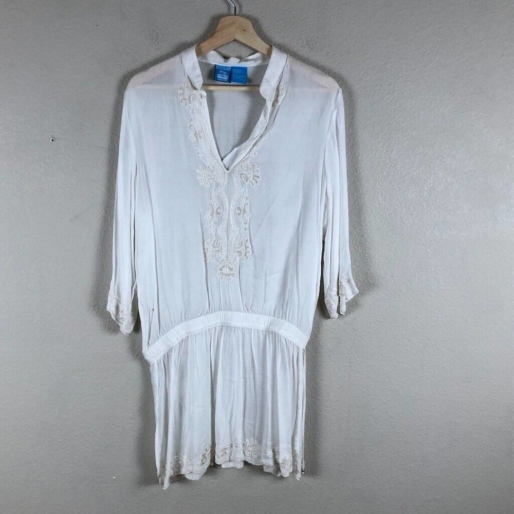 Blue Island Shirt Womens Medium White Embroidered‎ Sheer Boho Oversized Casual